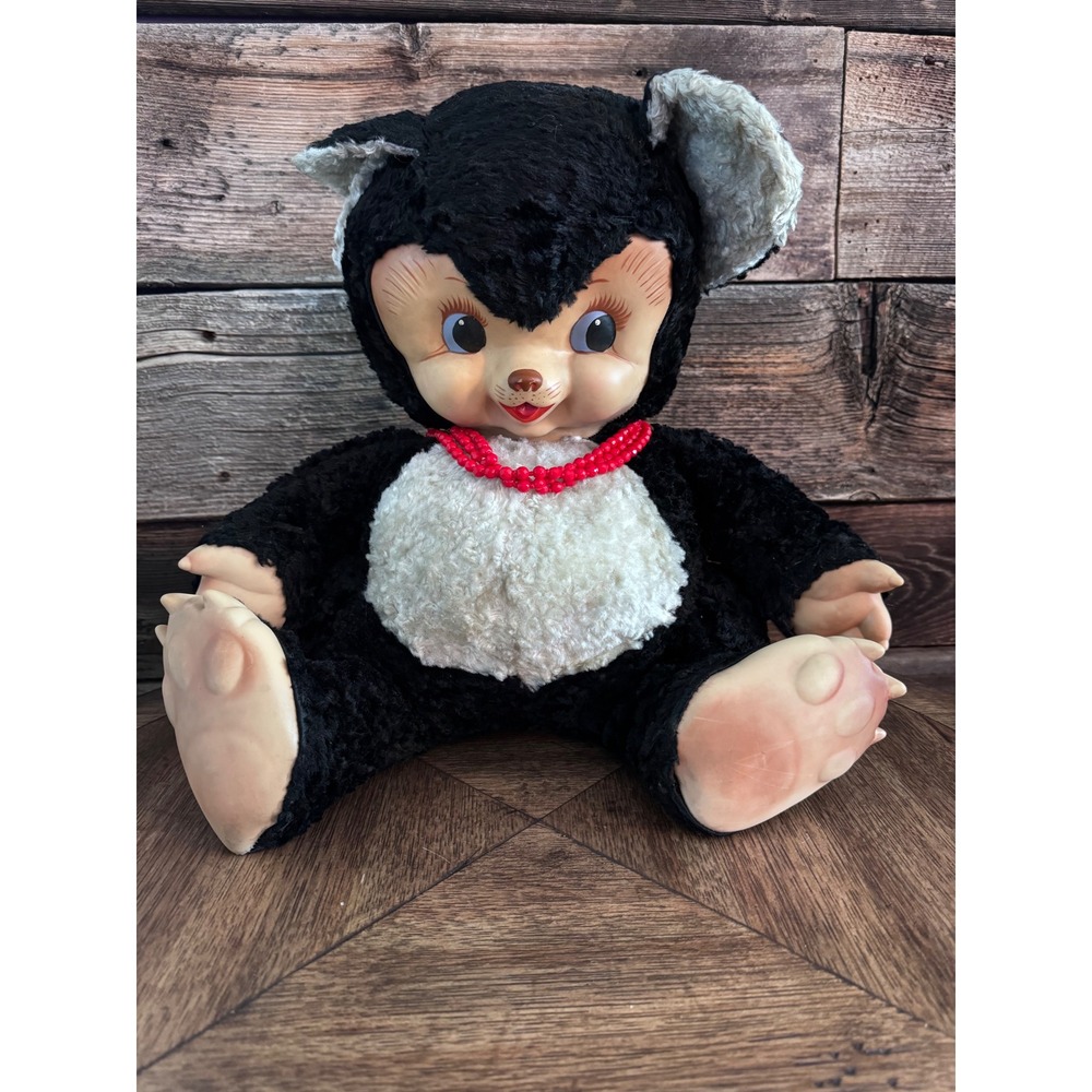 1950's Rushton Rubber Face Black Chubby Tubby Bear Large 16" Stuffed toy. Rare